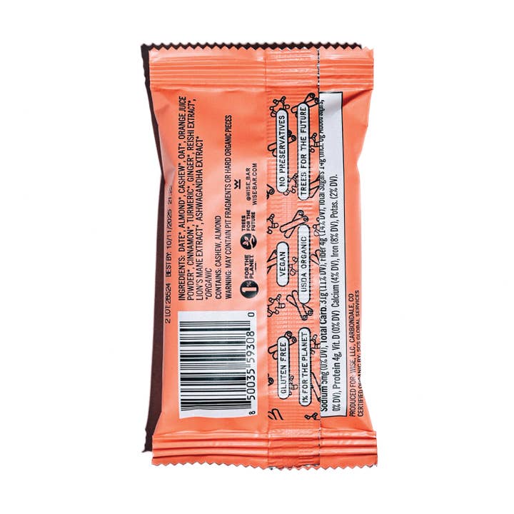 Wise Bar - Venta al por mayor Barrita de aperitivo - Barra Nutricional de Canela, Cúrcuma y Hongos Adaptógenos (12 Barras)