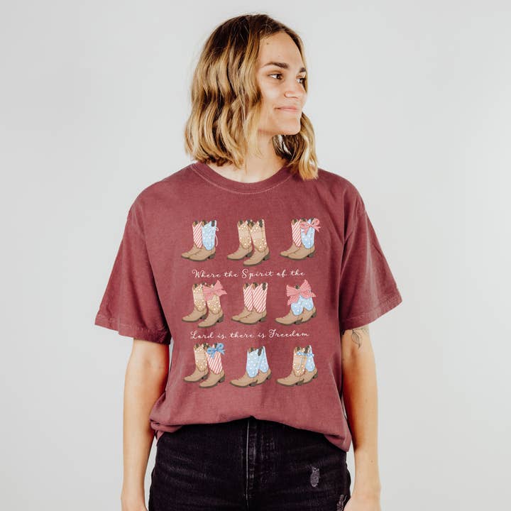 Scripted Pearl - Wholesale Screen Printed T-Shirt - Women's - Patriotic Cowboy Boots Comfort Colors Christian T-Shirt