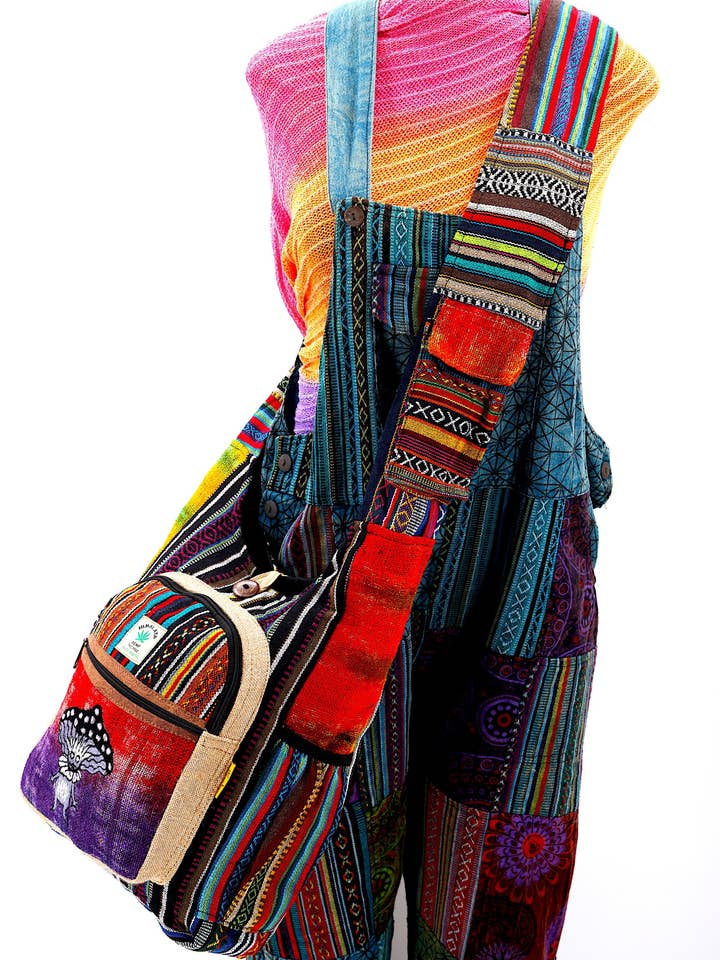 Hemp Mushroom Elf Hand Embroidered Tie Dye Crossbody Bag for wholesale by Himalaya Handmade