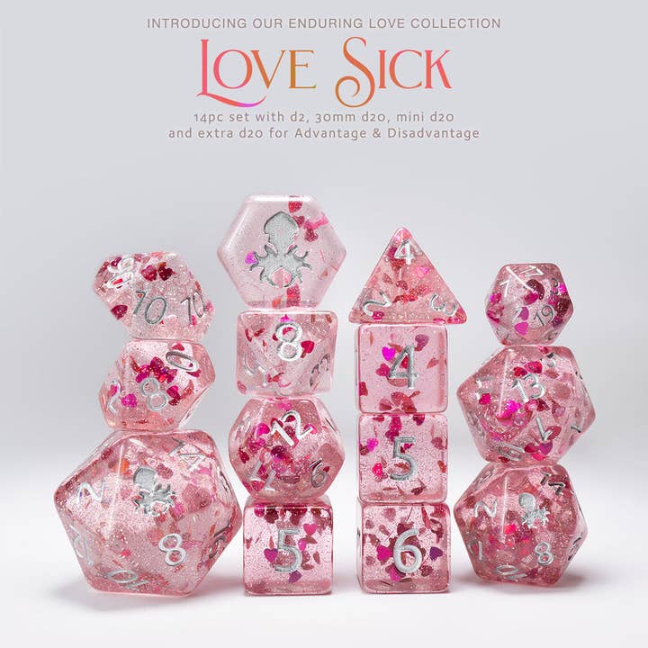 Love Sick - Pink with Red Hearts 14pc Limited Edition Dice Set for wholesale by Kraken Dice