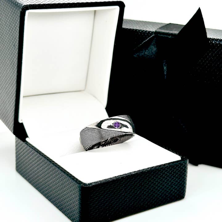 rings paradise - Wholesale Engagement Ring - Damascus Steel Amethyst Mens Wedding Anniversary Ring3