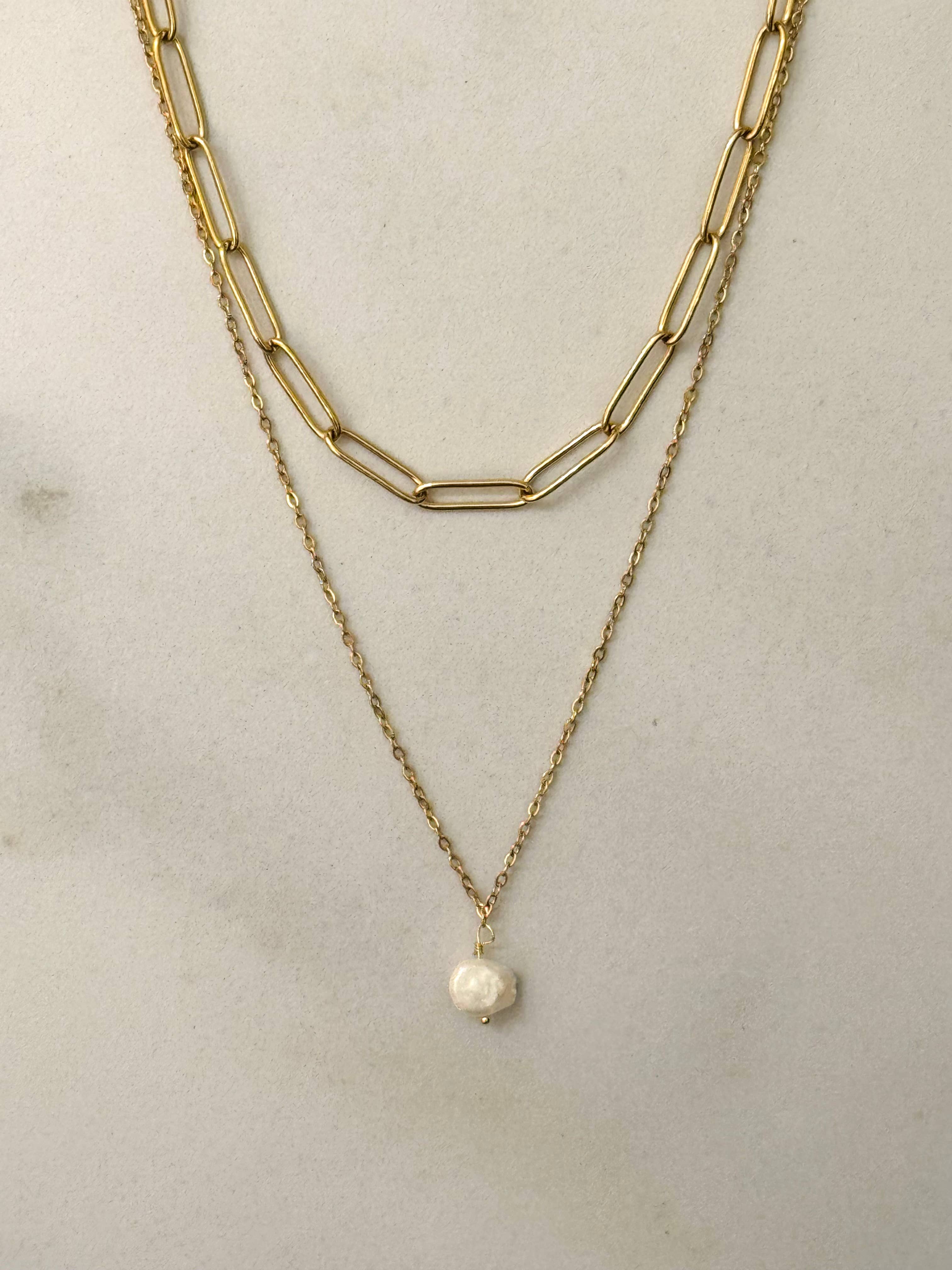 Cassette Barcelona - Wholesale Pendant/Charm Necklace - Double Layered Chain Necklace w Freshwater Pearl