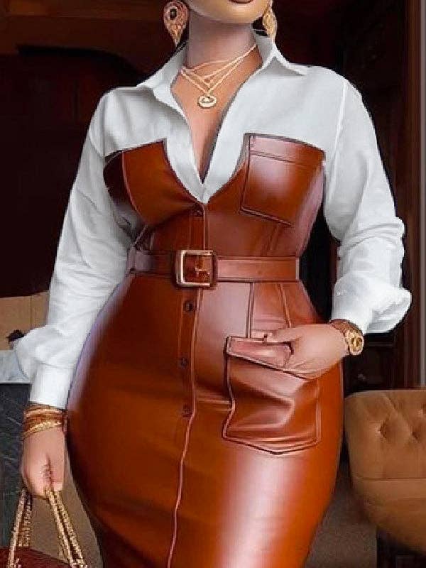 FurDecoration - Wholesale Dress - Women's - Skinny Belted Button Split Lapel Shirt Dress5