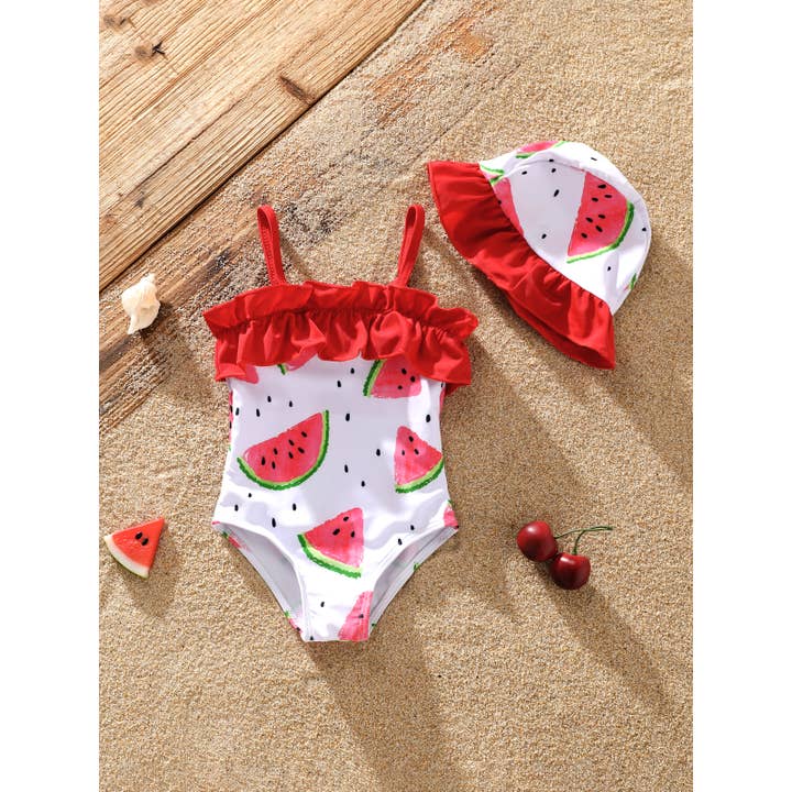 2pcs Baby Girl Watermelon Print Ruffle Swimsuit with Hat for wholesale by PatPat