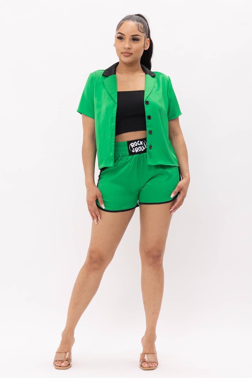 Julia by LoveJ – wholesale Set med topp och shorts – Dam – Button Down kontrast topp och främre Rock & Roll Shorts Set6