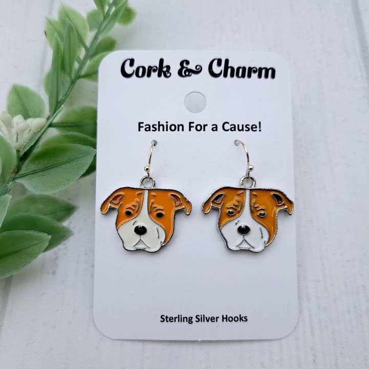Cork and Charm - Wholesale Dangle Earrings - Pit Bull Dog Breed Head Face Sterling Silver Earrings