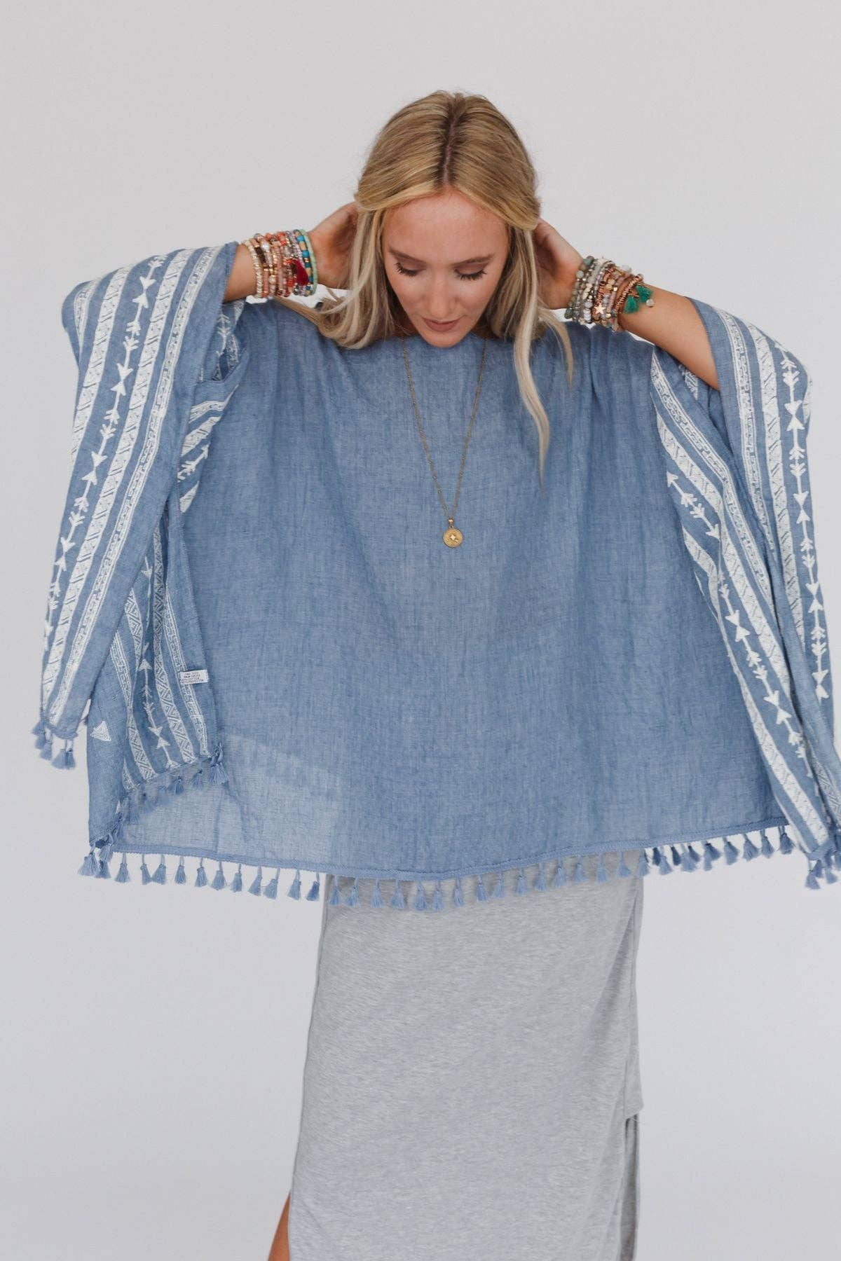 Three Bird Nest - Wholesale Poncho - Women's - Fallon Embroidered Sleeve Tassel Poncho - Blue1