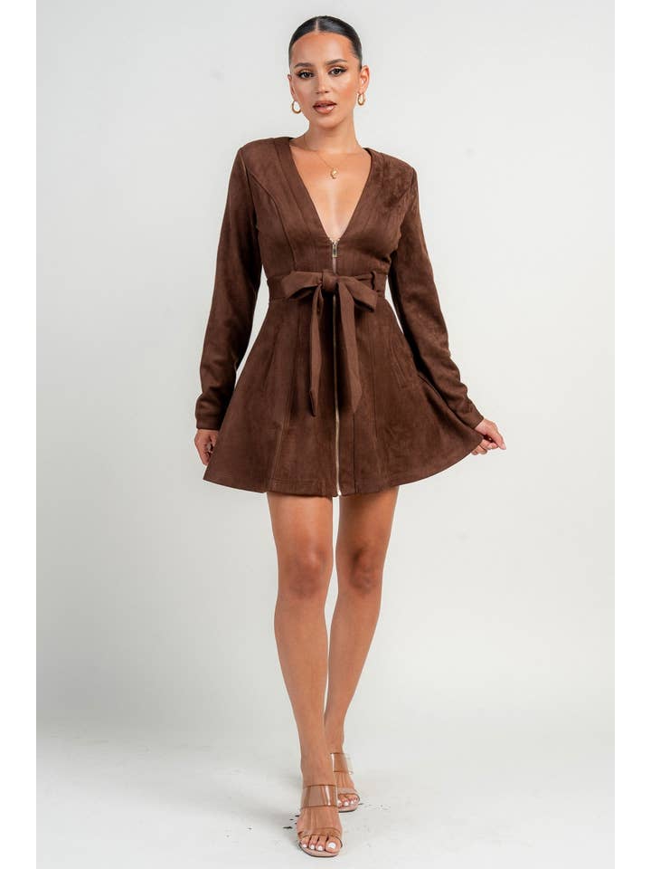 PRIVY - Wholesale Dress - Women's - PG2494EAK_V NECK FRONT ZIPPER OPEN BELTED FLARE COAT DRESS12