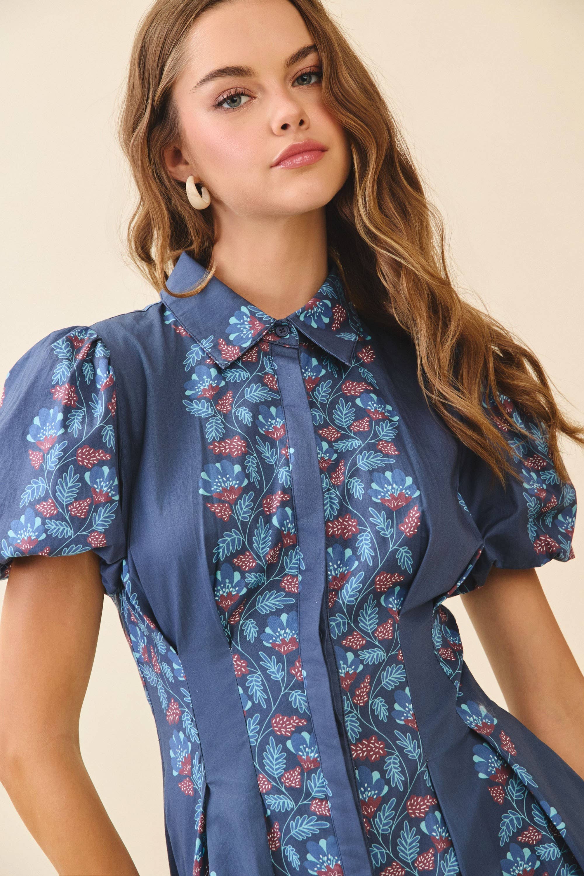 BLEU MARINE CD06267-Robe mi-longue à imprimé floral vertical et coupe évasée en vente sur Faire4