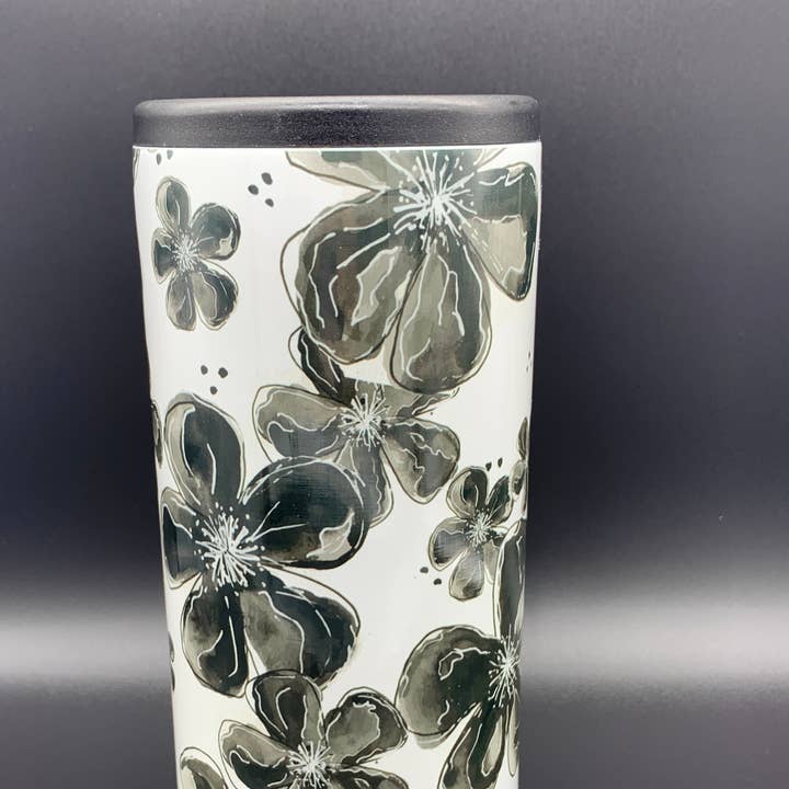Stainless Steel Slim Can Insulator - Black/White Floral for wholesale by tinted pearl DESIGNS