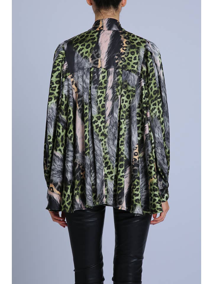 Green Leopard & Fur Printed Neck Bowtie Satin Blouse PC2555 for wholesale on Faire1
