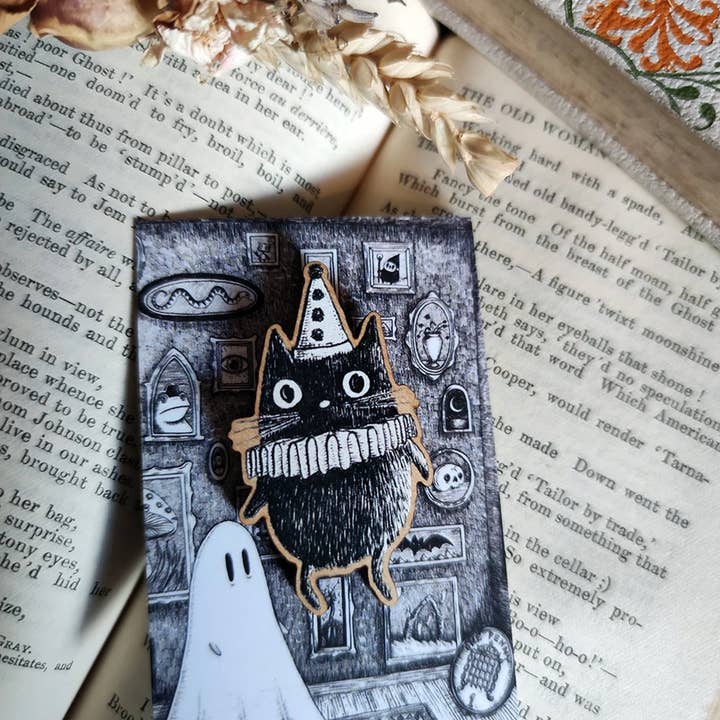 Jon Turner Illustration - Wholesale Lapel Pin/Button - Simon the Clown Cat Wooden Pin Badge