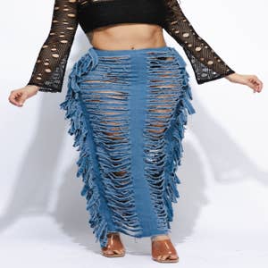 Hippie Sparkle Studded High Waisted Lace Up Tassel Fringe Skirt