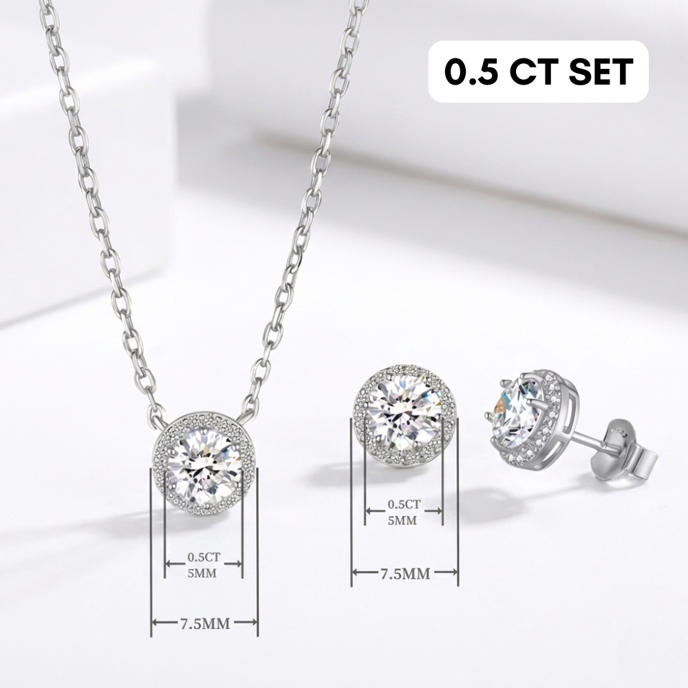 Everly Yours - Wholesale Jewelry Set - 1CT 0.5 CT Moissanite Halo Earrings & Necklace Jewelry Set3