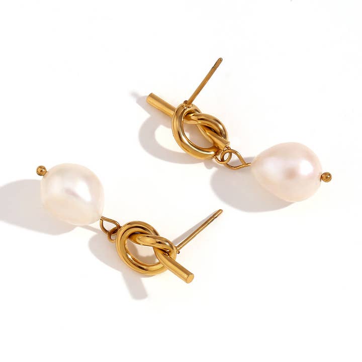 18K Gold Plated Baroque Pearl Knot Earrings for wholesale by Koch La Ni Jewelry