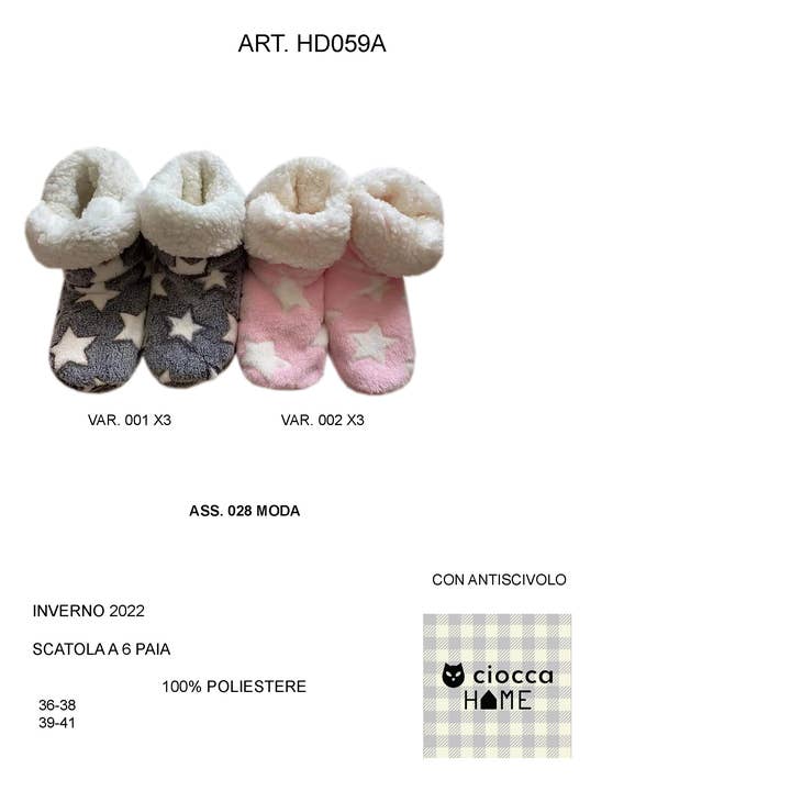Two pairs of star patterned women's slippers with warm inside (HD059A) for wholesale by Ciocca