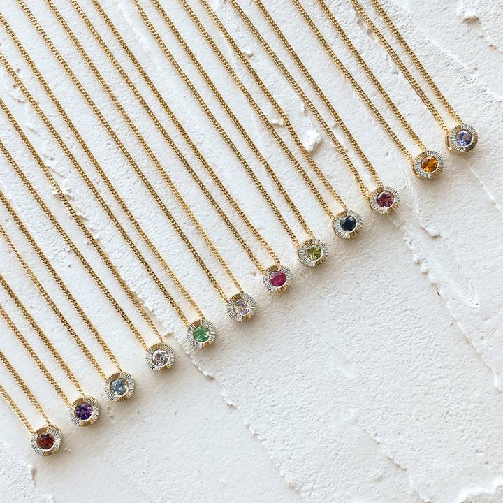 Small Aurora Birthstone Necklace in Yellow Gold for wholesale by Corey Egan