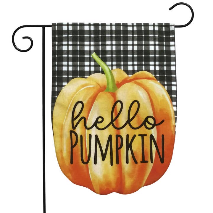 Hello Pumpkin Burlap Fall Garden Flag 18" x 12.5" for wholesale by Briarwood Lane