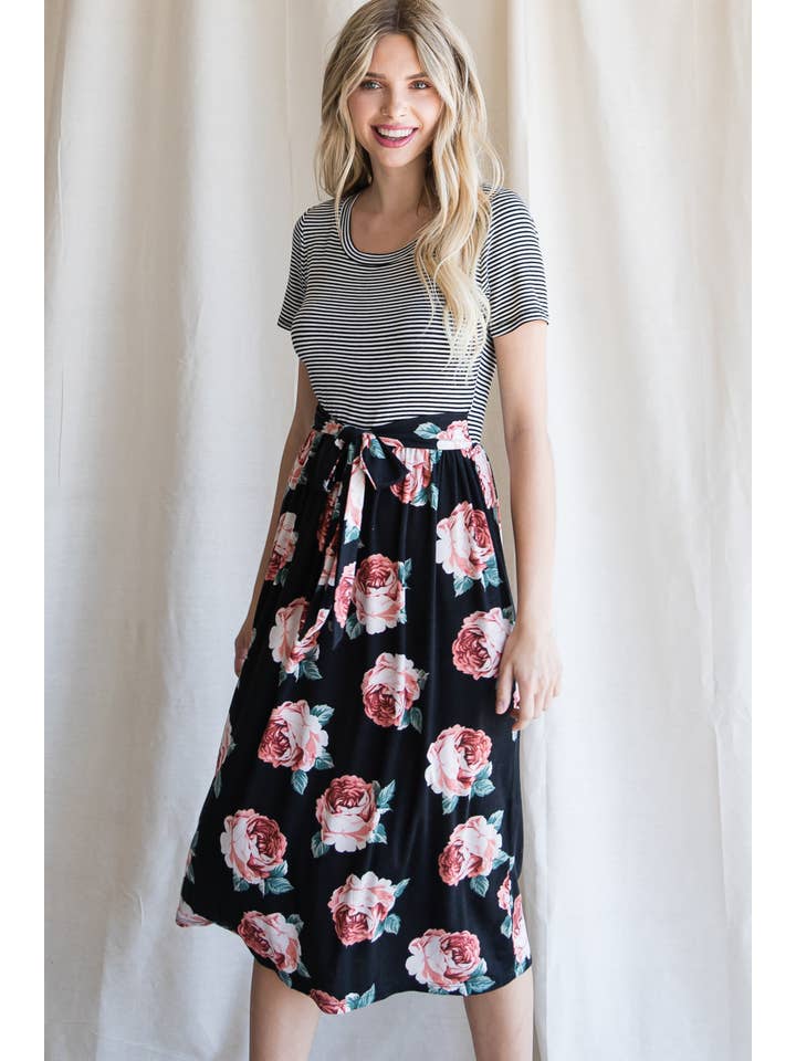 7th Ray - Wholesale Dress - Women's - Floral Waist Tie Short Sleeve A-Line Midi Dress D419917