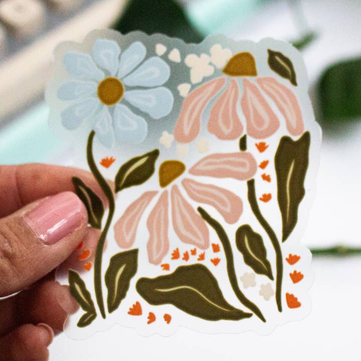Wild Flower Bunch Clear Vinyl Sticker Cottage Core Vintage for wholesale by Serenata Paper Co