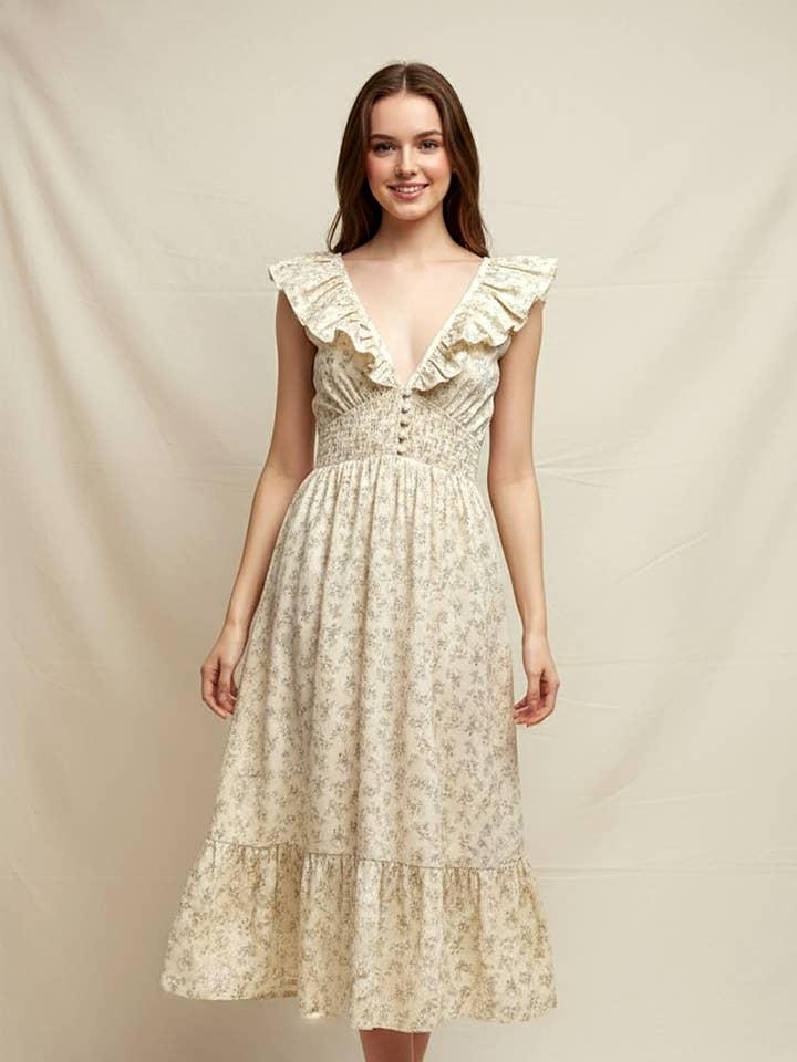 JD7952 - FLORAL RUFFLE SMOCKED MIDI DRESS for wholesale by STORIA