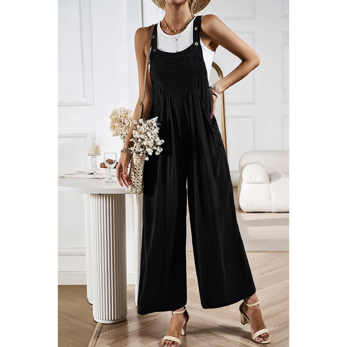 Supreme Fashion - Wholesale Overalls - Women's - Button Detail Wide Leg Overall Pockets Jumpsuit1