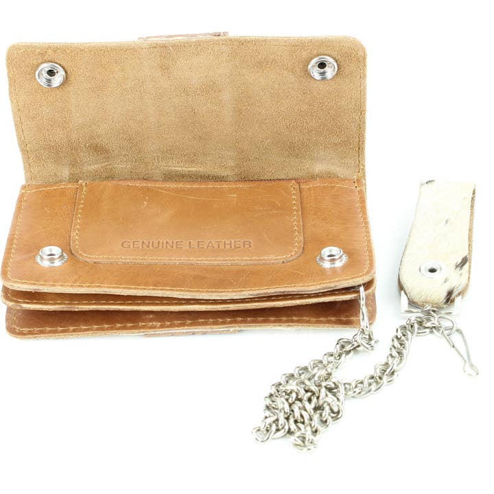 Leather Impressions Inc - Wholesale Wallet – Women's - Tan hair on hide tooled leather chain wallet #CW6HOH-TAN7