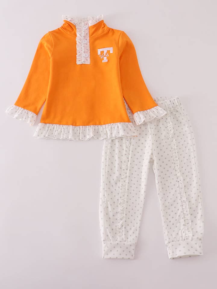 Orange Tennessee go vols embroidery ruffle pants set for wholesale by Aspen Rain Boutique