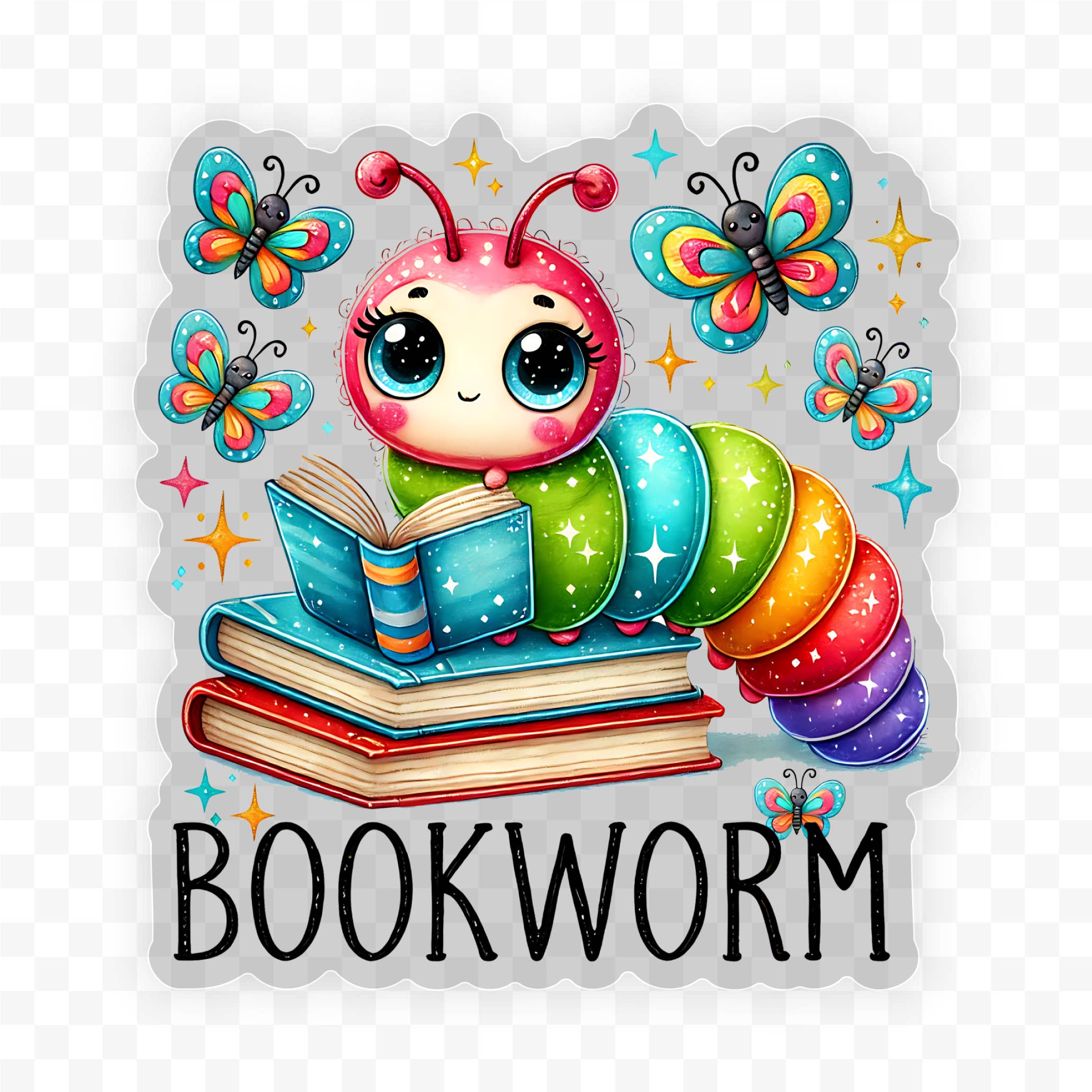 Savannah and James Co - Venta al por mayor Pegatina - Pegatina de vinilo transparente de libro arcoíris Bookworm, 3x3 pulgadas.