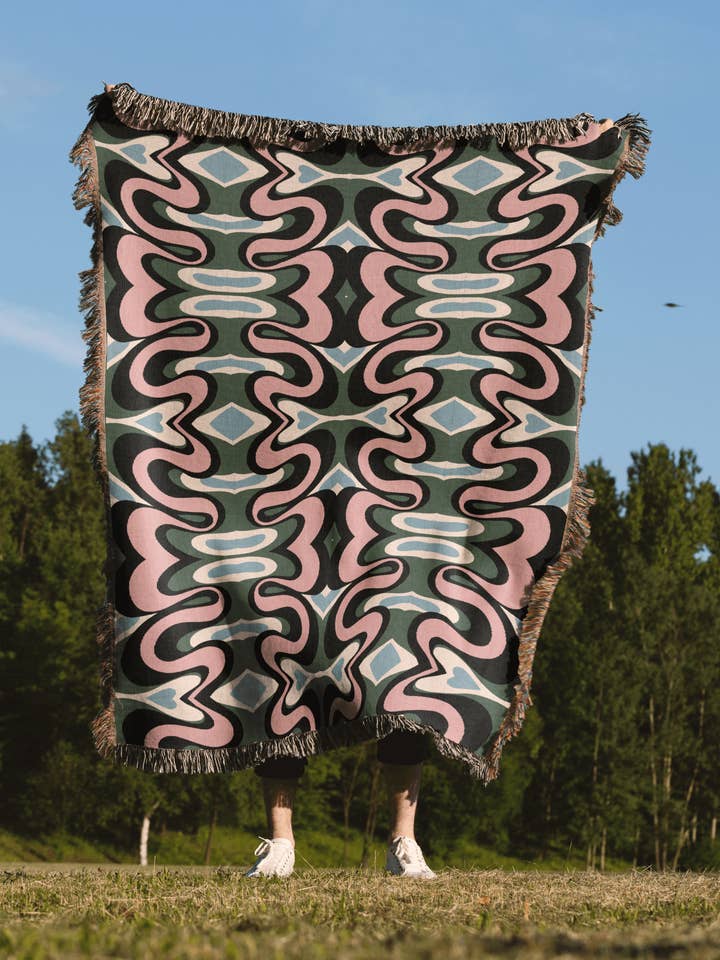 Vibrant Psychedelic Cotton Blanket in Green, Pink, Blue, and Black for wholesale by TaylorBassam