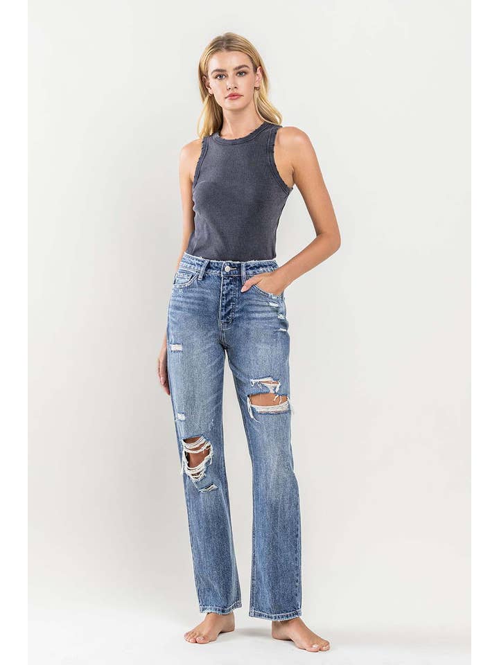 MASE SUPER HIGH RISE DISTRESSED STRAIGHT JEANS Y3913 for wholesale on Faire