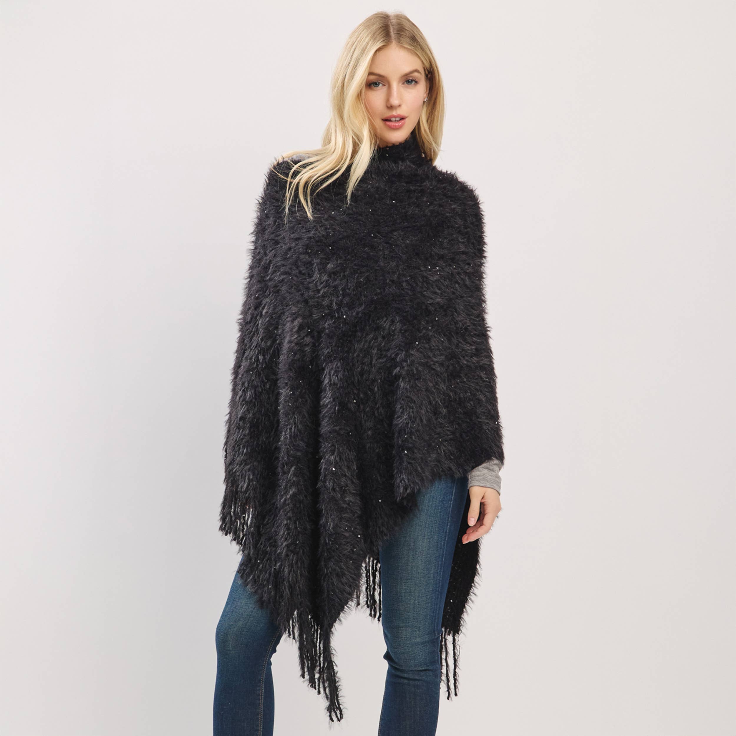 Hana – wholesale Poncho – Women's – Fuzzy Sequin with Fringe Light Weight Poncho3