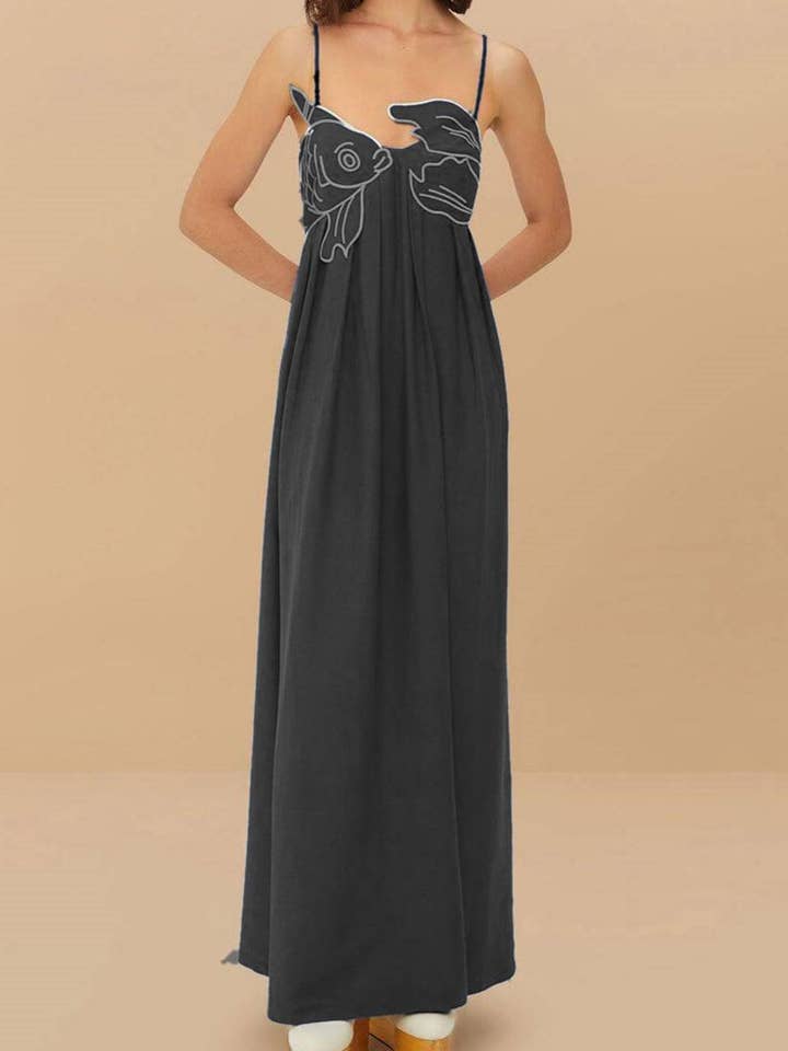 Rosa Clothing - Wholesale Dress - Women's - Vivid goldfish embroidered strappy maxi dress