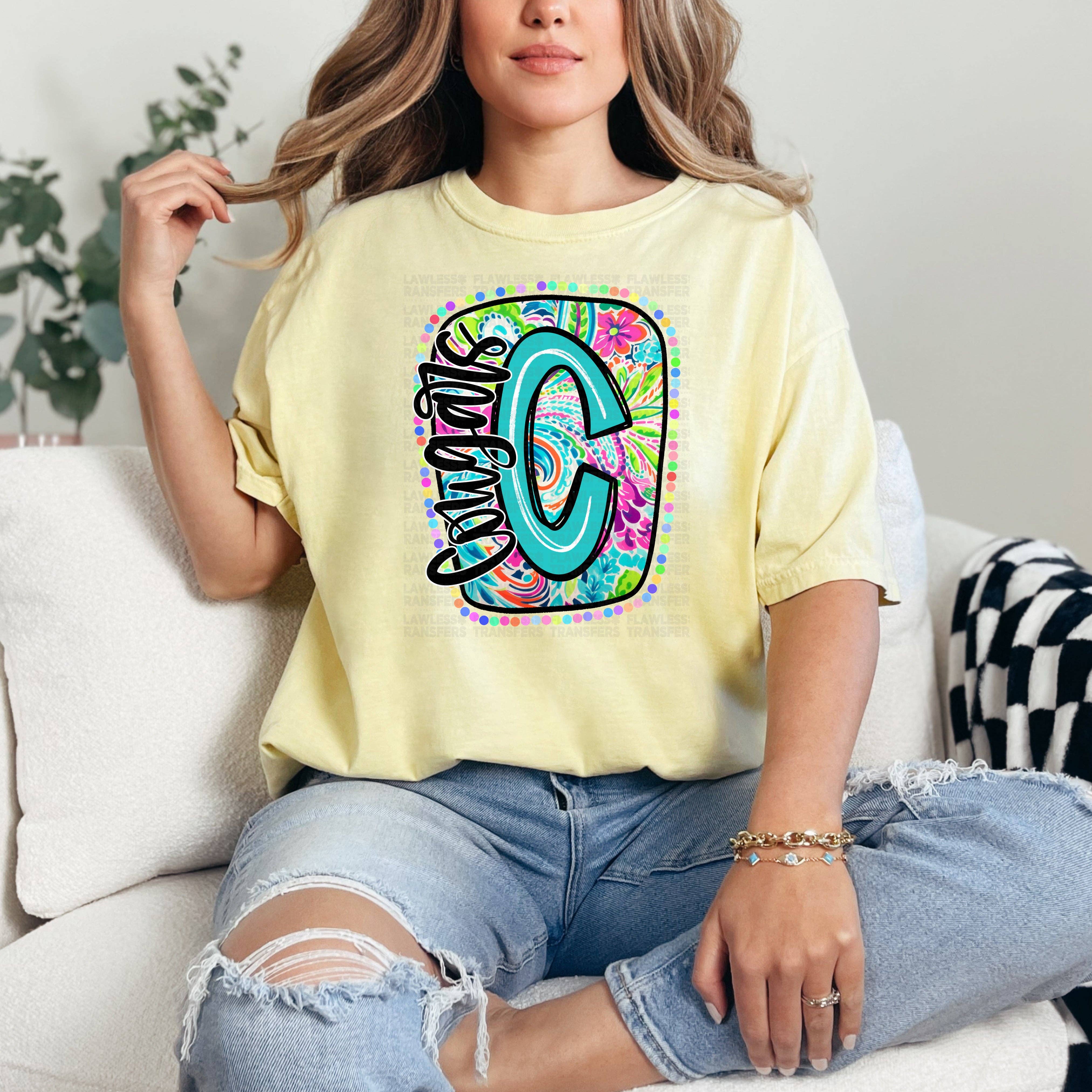 Flawless Transfers - Wholesale Sublimation Transfer - Cougars Scribble Letter Bright Paisley Floral DTF Transfer0