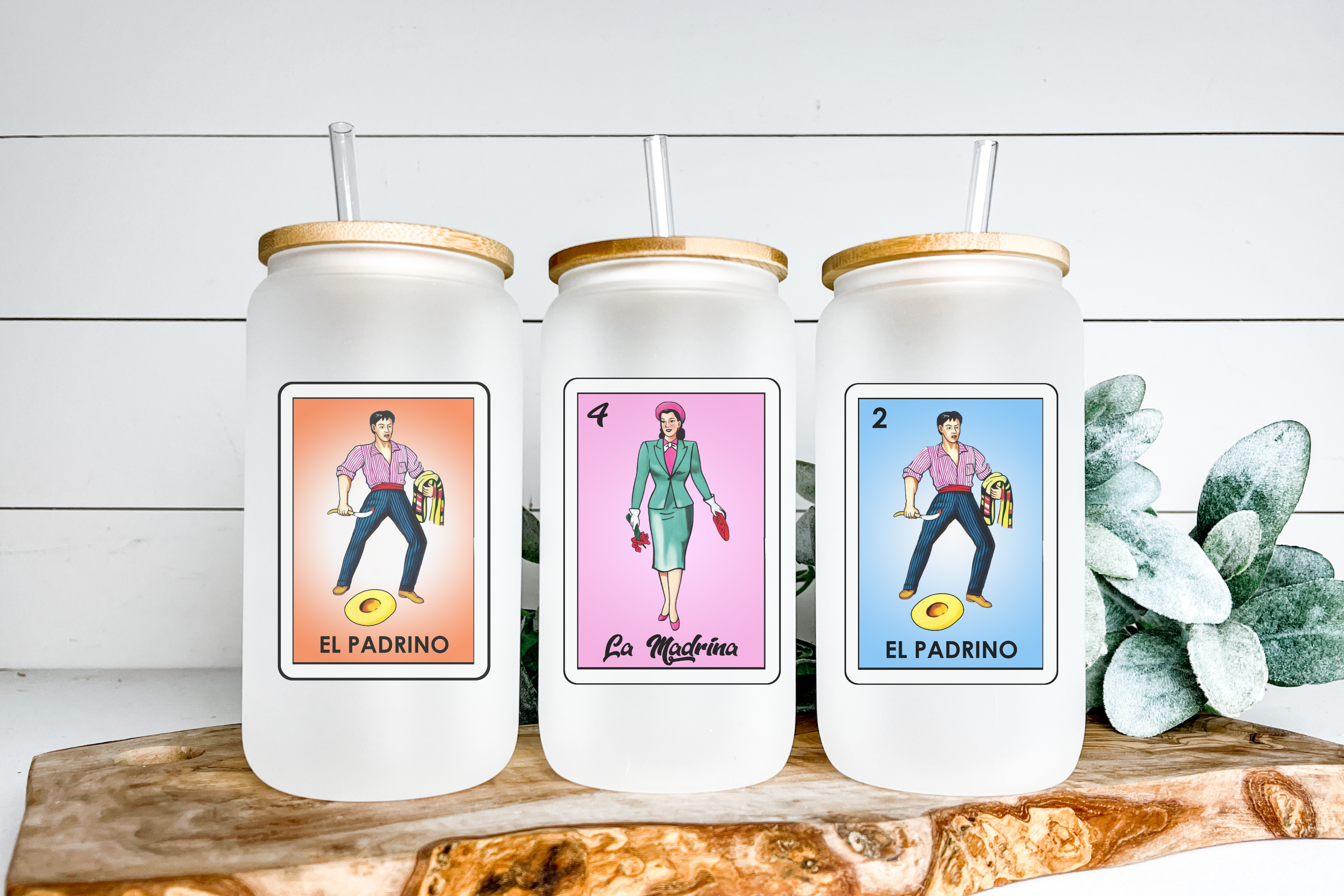 Designs & Crafts By Mo - Wholesale Drinking Glass/Cup - Loteria El Padrino, Loteria La Madrina, Bautizo 16oz0