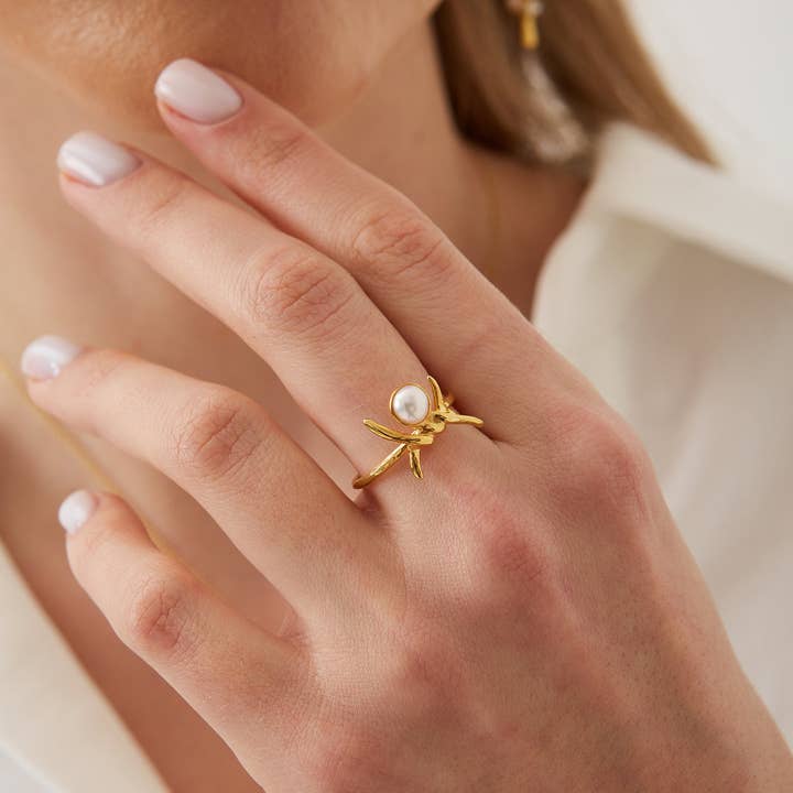 Prikkeldraad Design Pearl verstelbare sterling zilveren natuurlijke gehamerde ring voor wholesale door Spero London