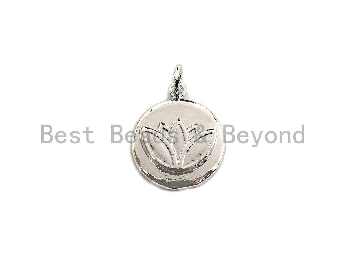BestBeads&Beyond – wholesale Individual charm/pendant – Lotus Flower on Disc Coin Pendant/Charm,Yoga Cubic Zirconia Pendant, Silver/Gold Tone,15x18mm,Sku#Z4291