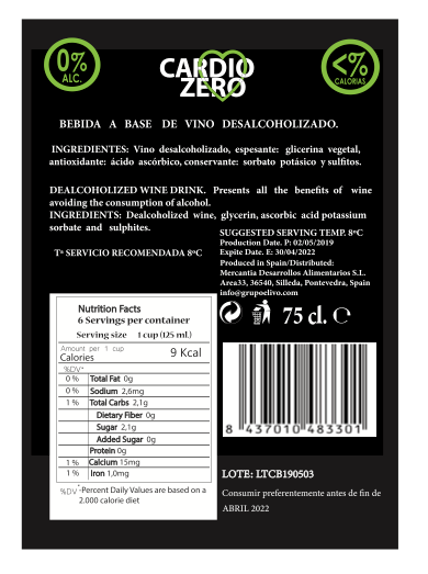 Zepeim - Venta al por mayor Licores/vinos/cervezas sin alcohol - Vino blanco sin alcohol Elivo Cardio Zero1