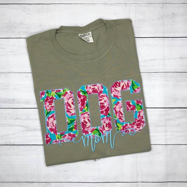 Dog Mom Applique Short Sleeve TShirt for wholesale by Handmade Pieces Company LLC