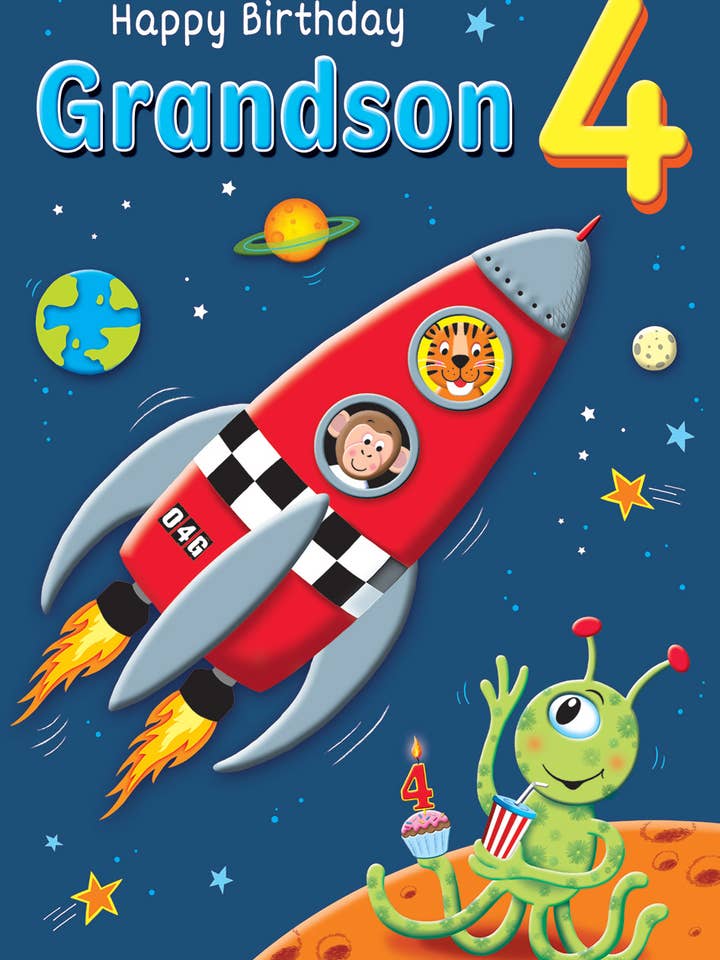Juvenile Birthday Card, Age 4 Grandson, Rocket for wholesale by Piccadilly Greetings