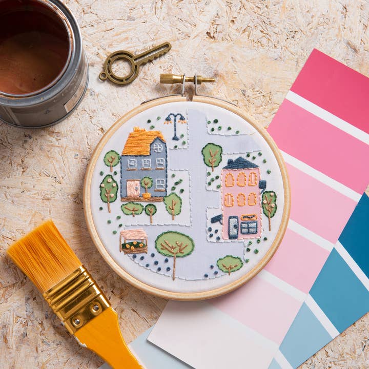 Town Houses Mini Embroidery Kit | Complete Craft Kit for Beginners for wholesale by Hawthorn Handmade (US Duties Paid)