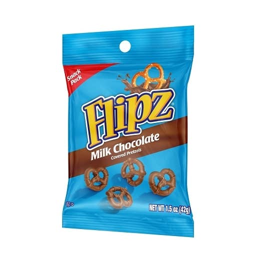 Long Island Candy Factory - Wholesale Chocolate Covered Sweets - Flipz Milk Chocolate Pretzels Peg Bag 1.5 oz 12 ct0