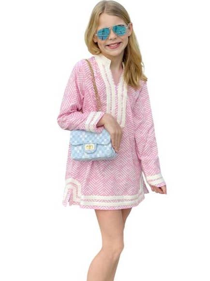 Vestido Cabana de Manga Comprida com Chevron Pontilhado, Meninas por atacado de Carvalho Couture