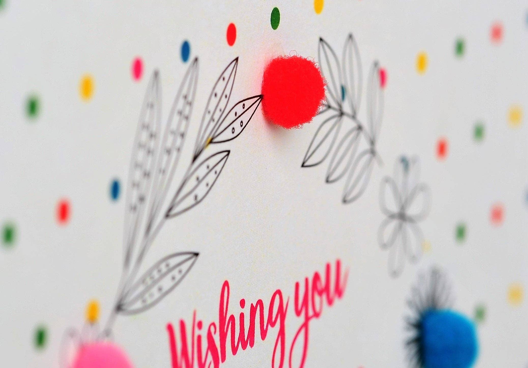 Claire Giles Ltd - Wholesale Birthday Card - Welsh Birthday Card, Penblwydd Hapus, Leaves, Pompom Embellished3