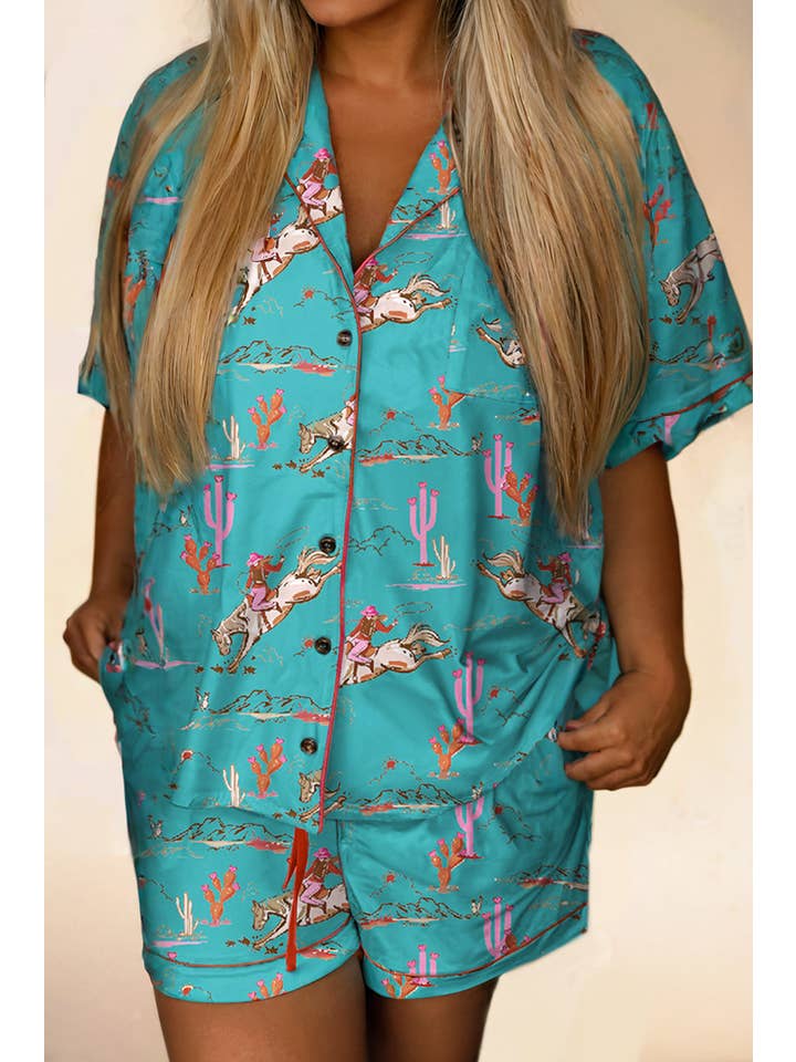 LA Society - Wholesale Sleepwear Set - Women's - Cowgirl Country Print Shirt and Shorts Pajamas Set