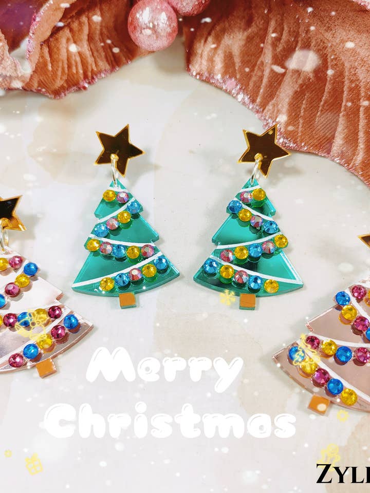 Bling Bling crystal Christmas tree acrylic Dangle Sterling Silver Earrings for wholesale by Zyllion
