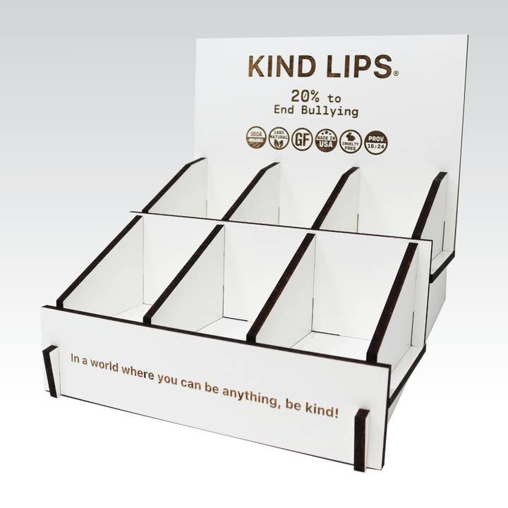 Kind Lips - Wholesale Retailer Display - Beauty & Wellness - Organic Lip Balm Wood Display Box Holds 90 Tubes