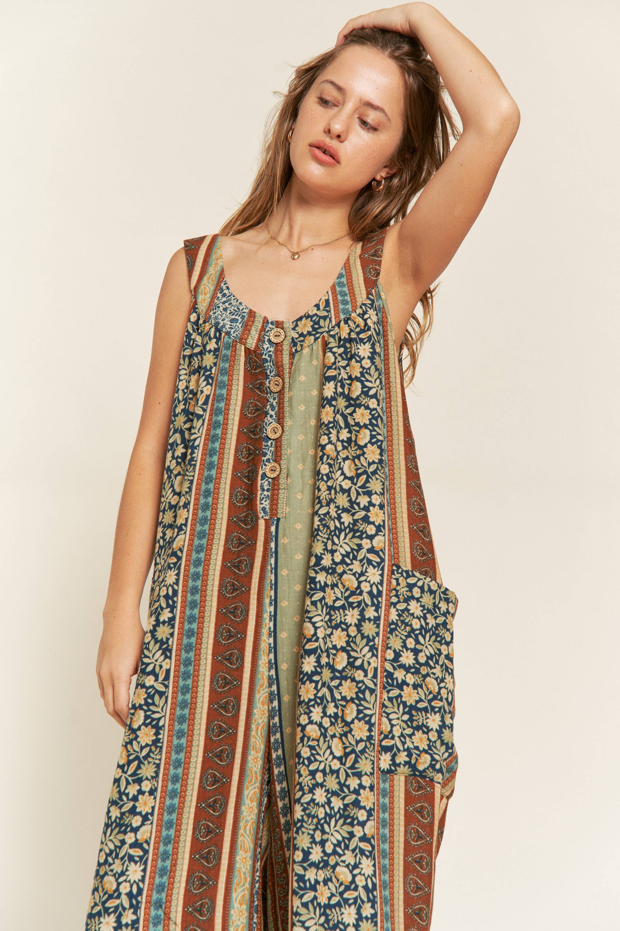 JADE BY JANE – Engroshandel Jumpsuit - Dame – ÆRMELØS FARVEBLOK BLOMSTERPRINT JUMPSUIT MED LIGE BEN12