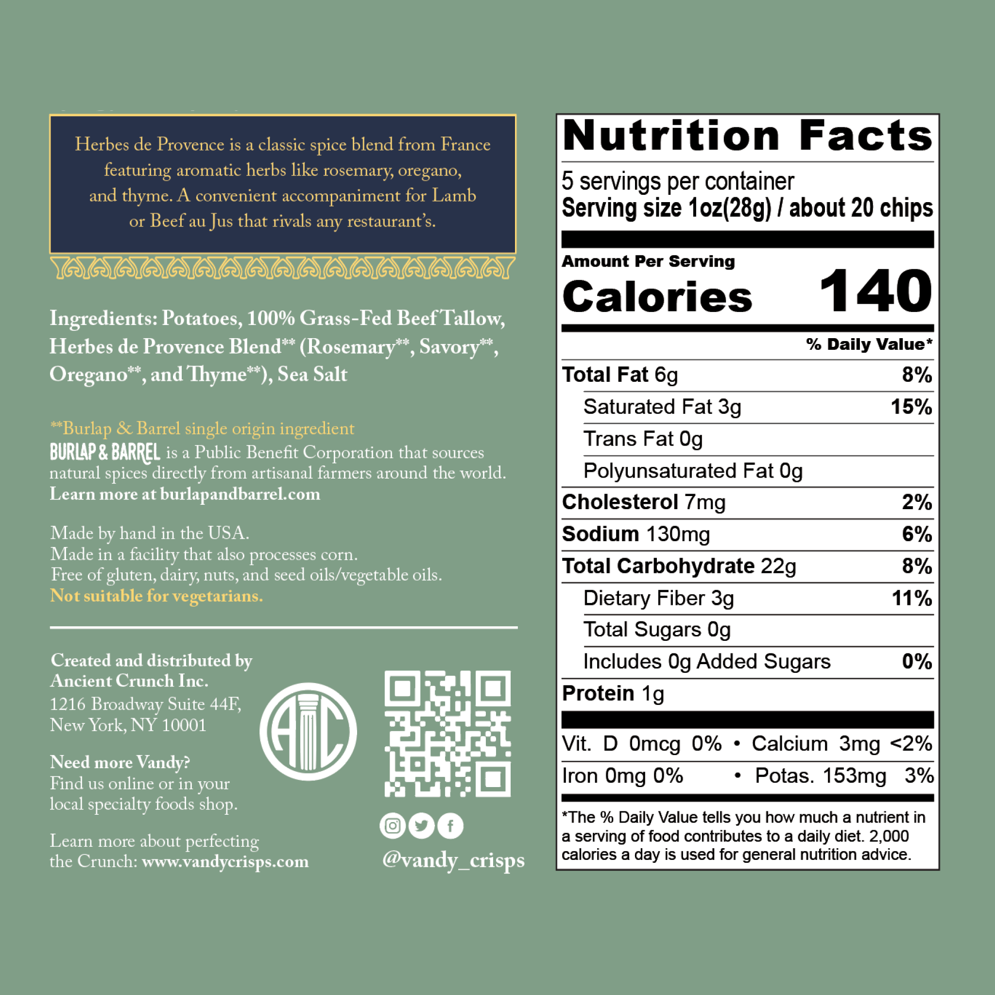 Ancient Crunch - Wholesale Chips - Vandy Crisps, Herbes de Provence, 5oz Bag Case4