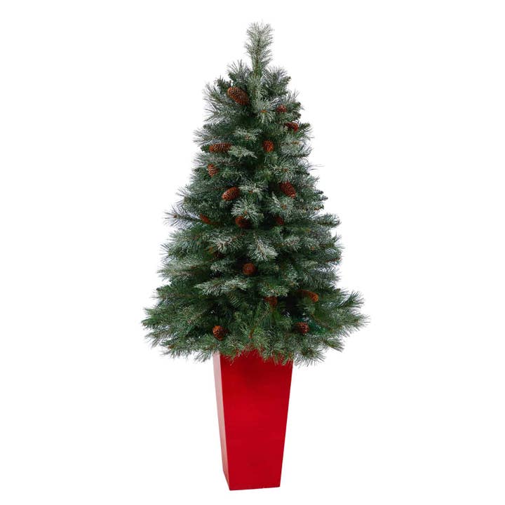 55” Snowed French Alps Mountain Pine Artificial Christmas Tree with 237 Bendable Branches and Pine Cones in Red Tower Planter for wholesale by Silk Flower Depot